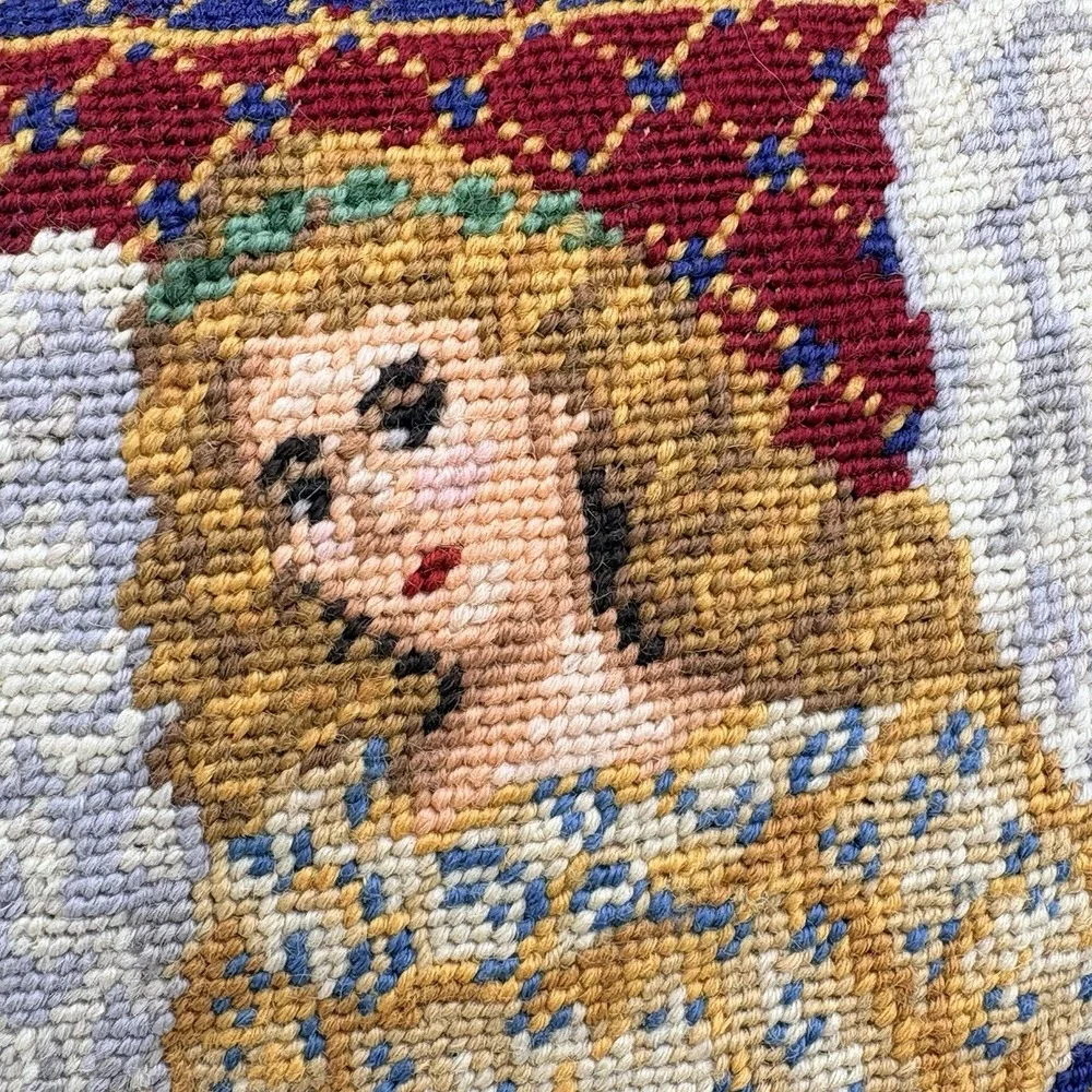 Vintage Handmade Angel Needlepoint Throw Pillow USA Tapestry w Velvet Back 12x12